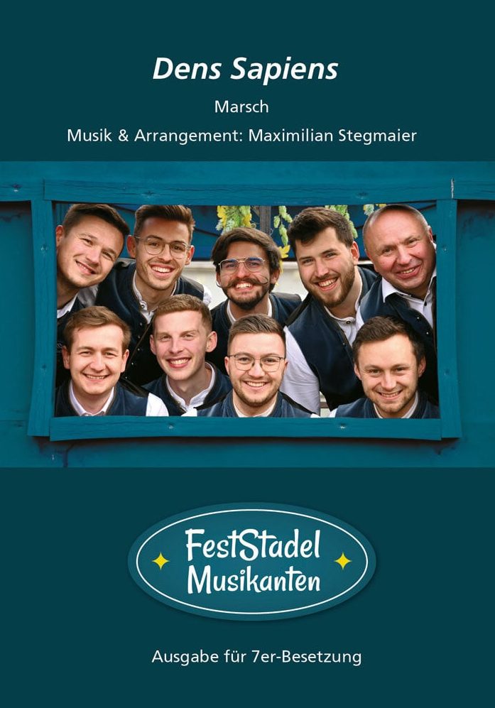 Das Cover ist in Blautönen gehalten und zeigt ein Gruppenbild der Feststadelmusikanten, wie sie zu neunt aus einem blauen Fenster schauen. 