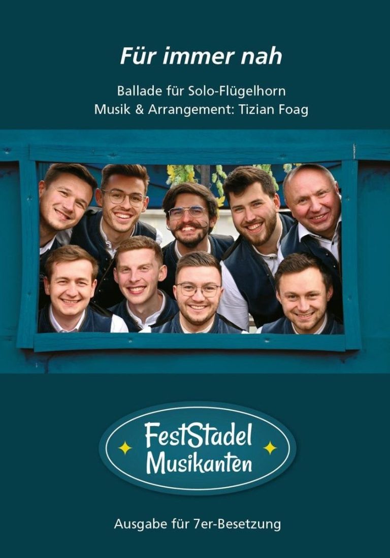 Das Cover ist in Blautönen gehalten und zeigt ein Gruppenbild der Feststadelmusikanten, wie sie zu neunt aus einem blauen Fenster schauen. 