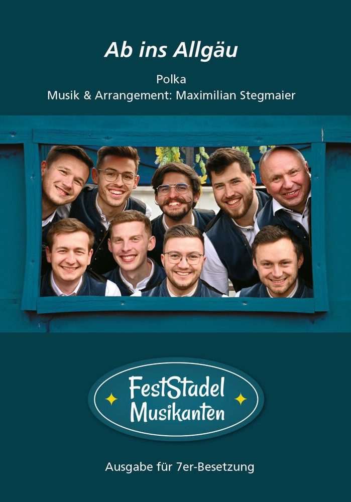 Das Cover ist in Blautönen gehalten und zeigt ein Gruppenbild der Feststadelmusikanten, wie sie zu neunt aus einem blauen Fenster schauen. 